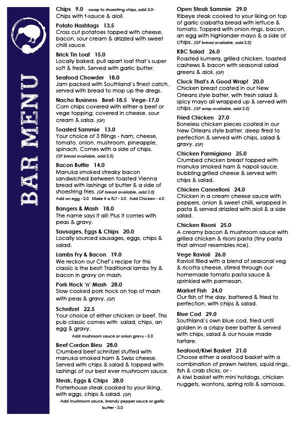 Menu at Waikiwi Tavern pub & bar, Invercargill