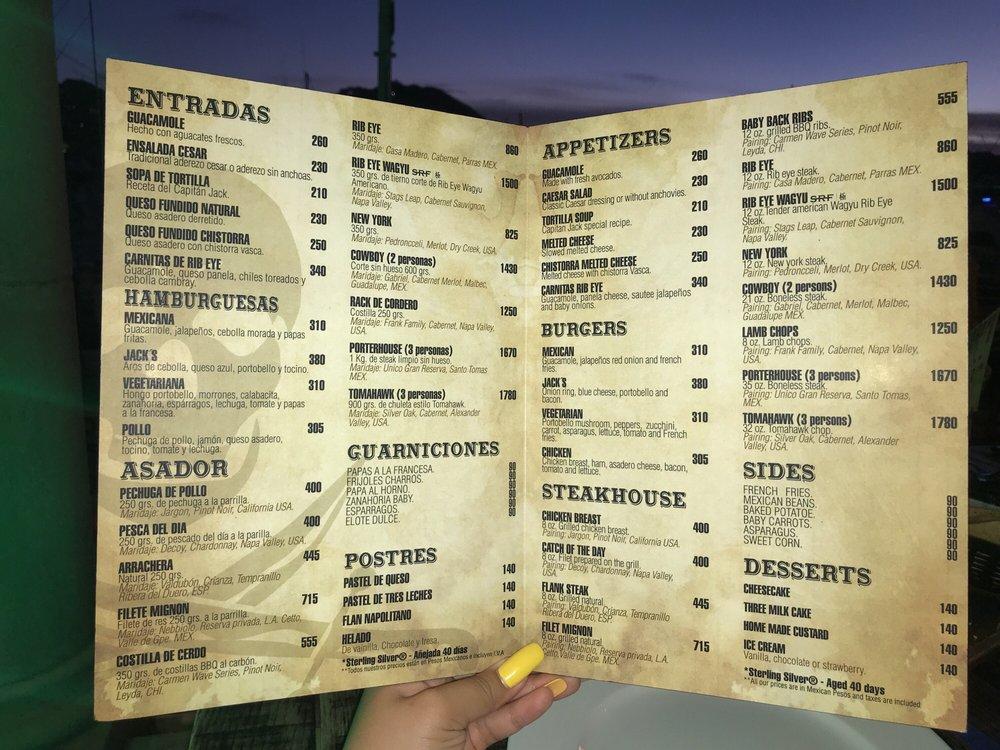 Menu at Jack's Steakhouse, Cabo San Lucas