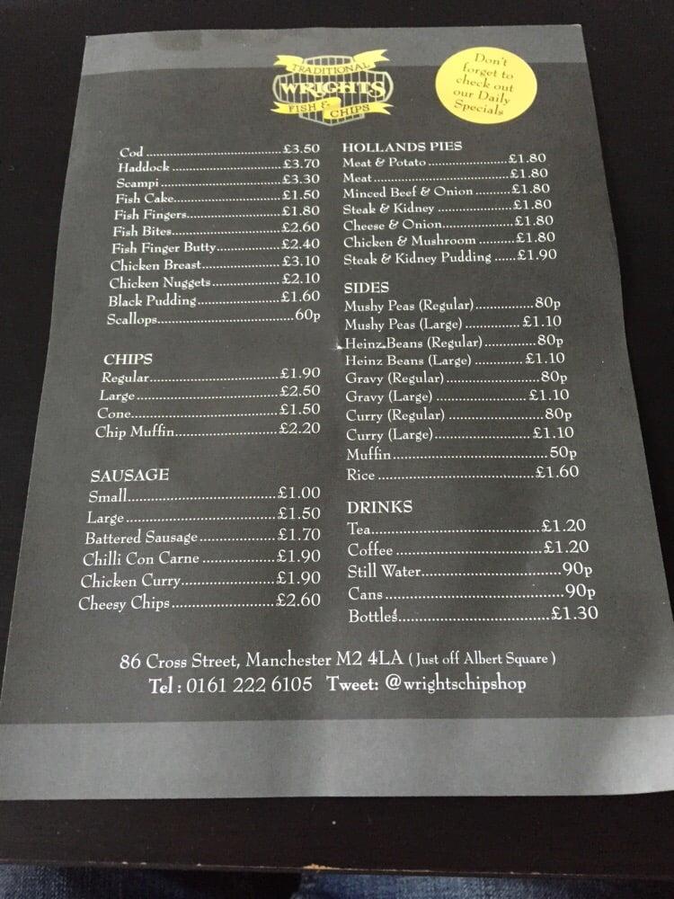 Menu at Wright's Fish & Chips restaurant, Manchester