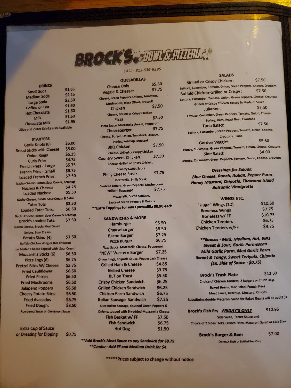 Menu at Brock's Bowl & Pizzeria, Penn Yan