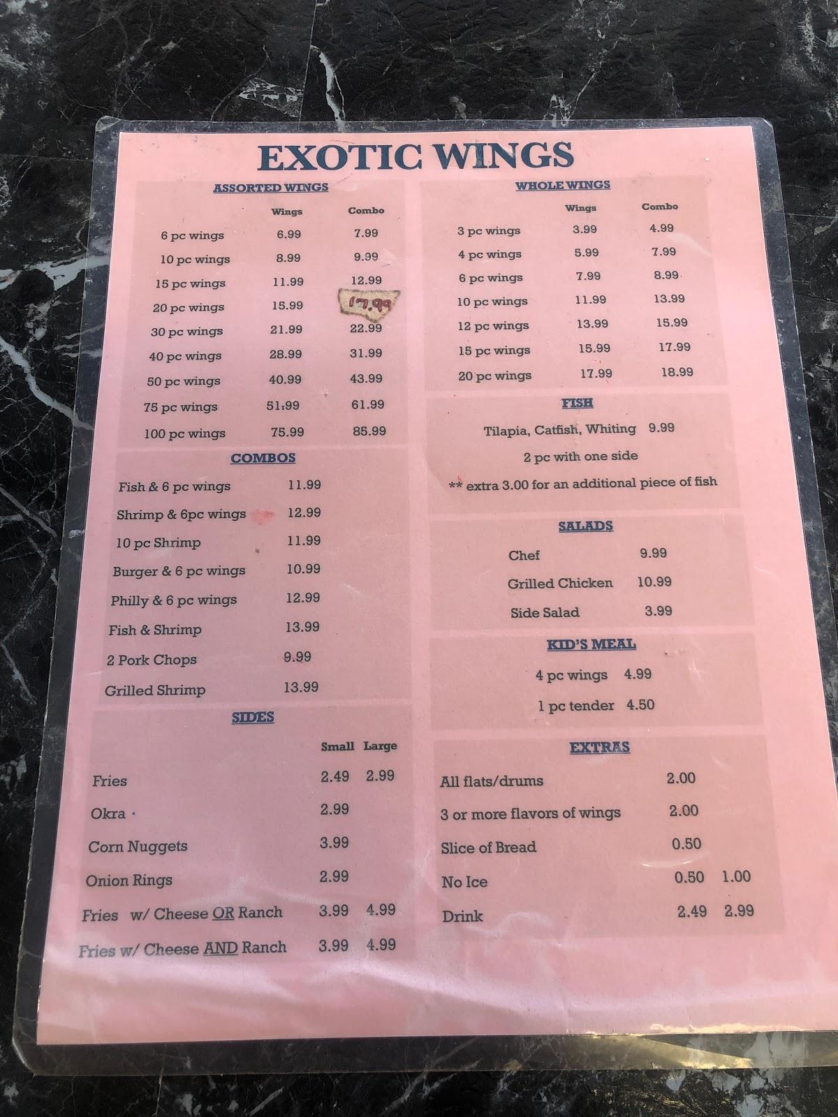 Menu at Exotic Wings & Things fast food, Birmingham, 208 Green Springs ...