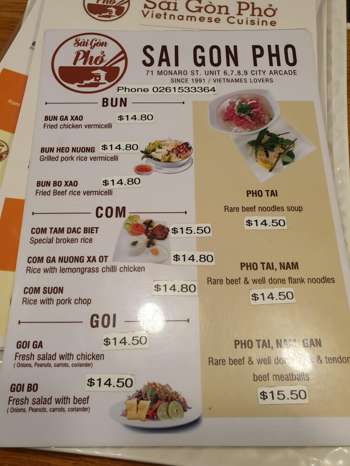 Menu At Sai Gon Pho Vietnamese Cuisine Restaurant Queanbeyan