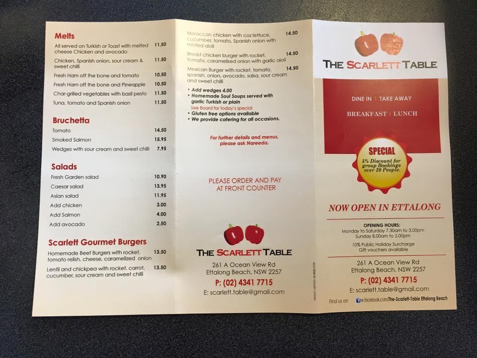 Menu at The Scarlett Table cafe, Ettalong Beach