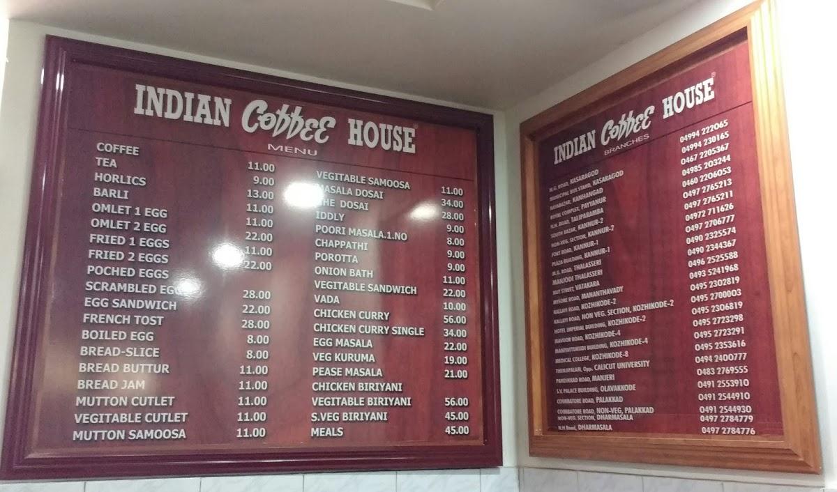 Menu at Indian Coffee House, Thalassery, PGW3+QVF
