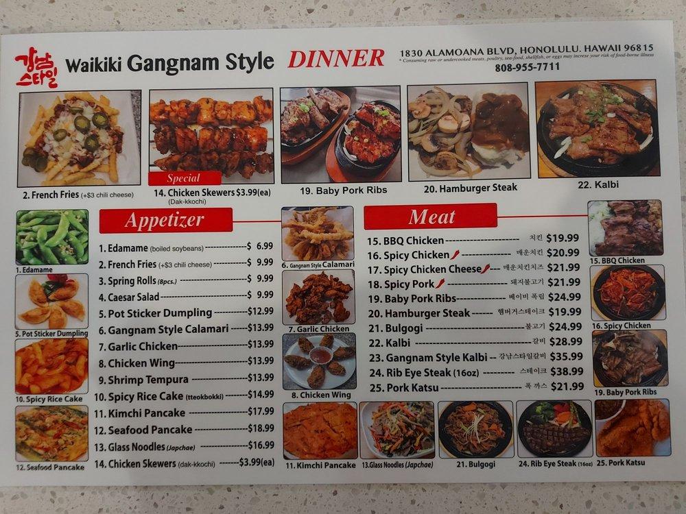 Menu at Waikiki Gangnam Style restaurant, Honolulu