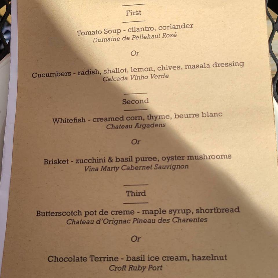Menu at Wren restaurant, Suttons Bay
