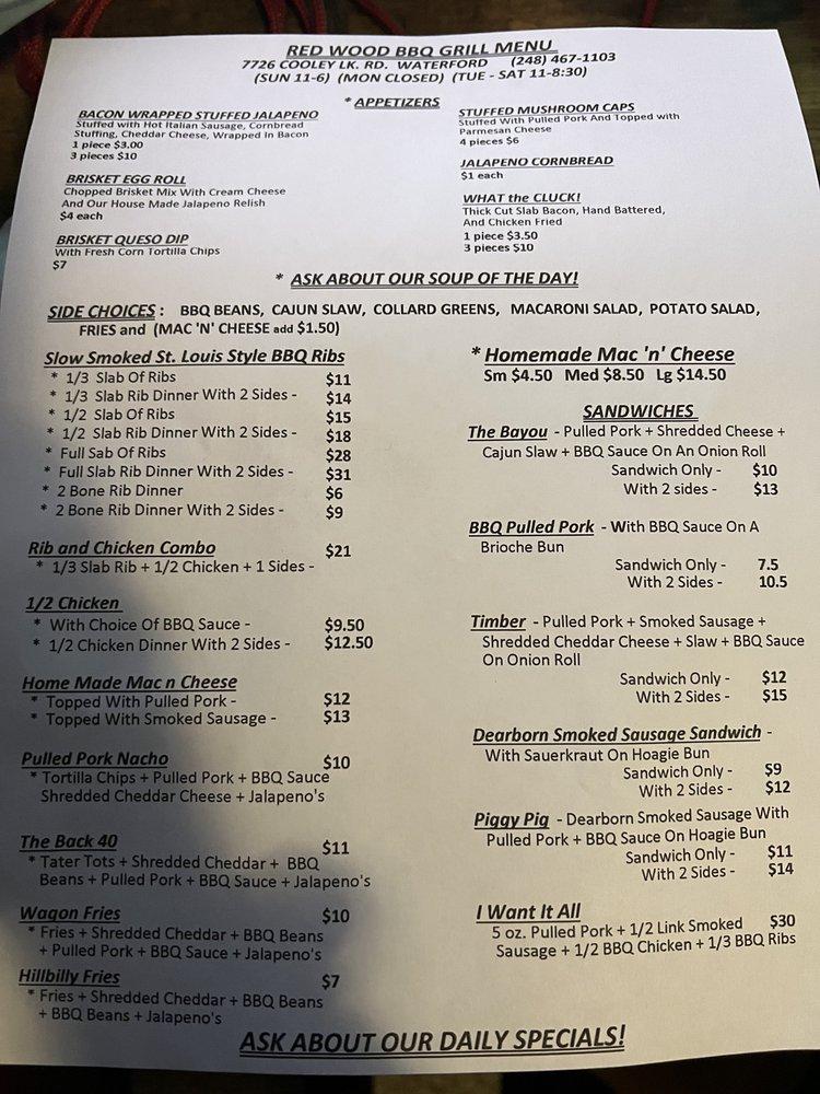 Menu at Red Wood Grill & Catering BBQ, Waterford Township