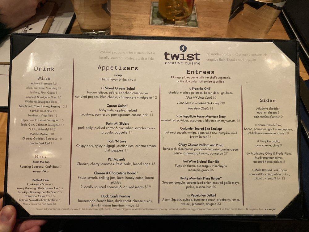Menu at Twist restaurant, Breckenridge
