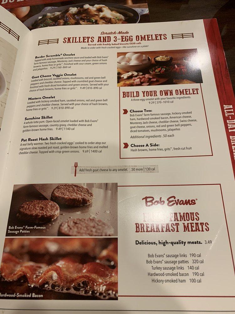 Menu at Bob Evans restaurant, Van Wert