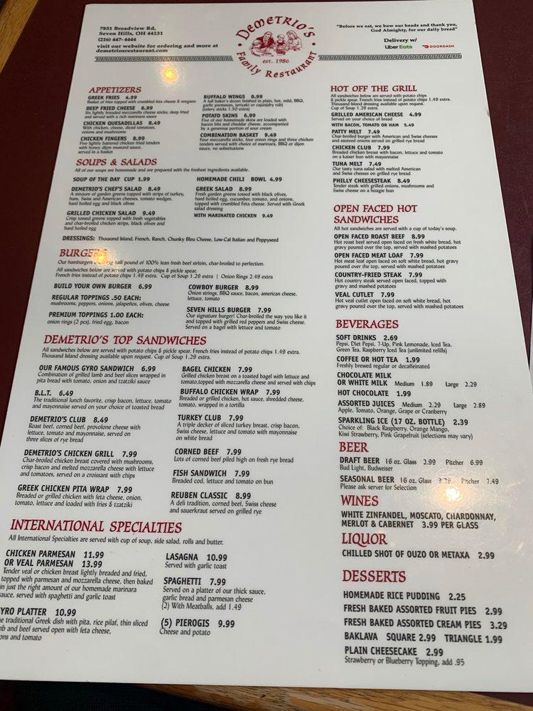 Menu at Demetrio's Family Restaurant, Seven Hills, Broadview Rd