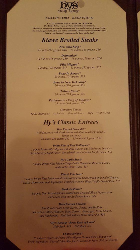 Menu at Hy's Steak House steakhouse, Honolulu