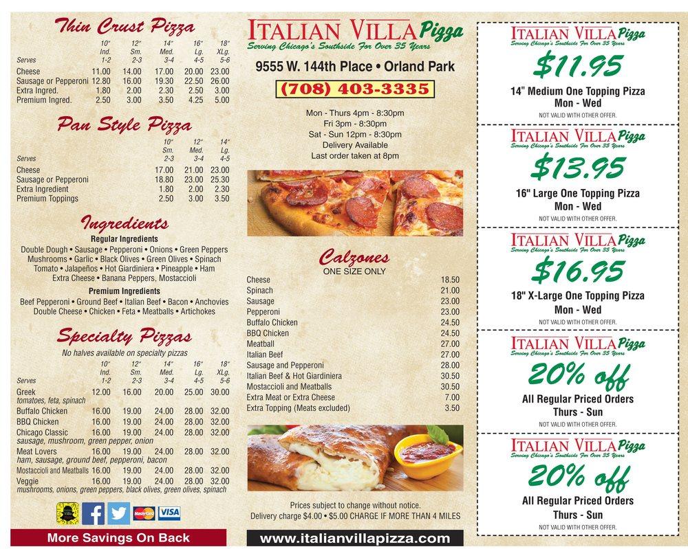 Menu at Italian Villa Pizza pizzeria, Orland Park, W 144th Pl