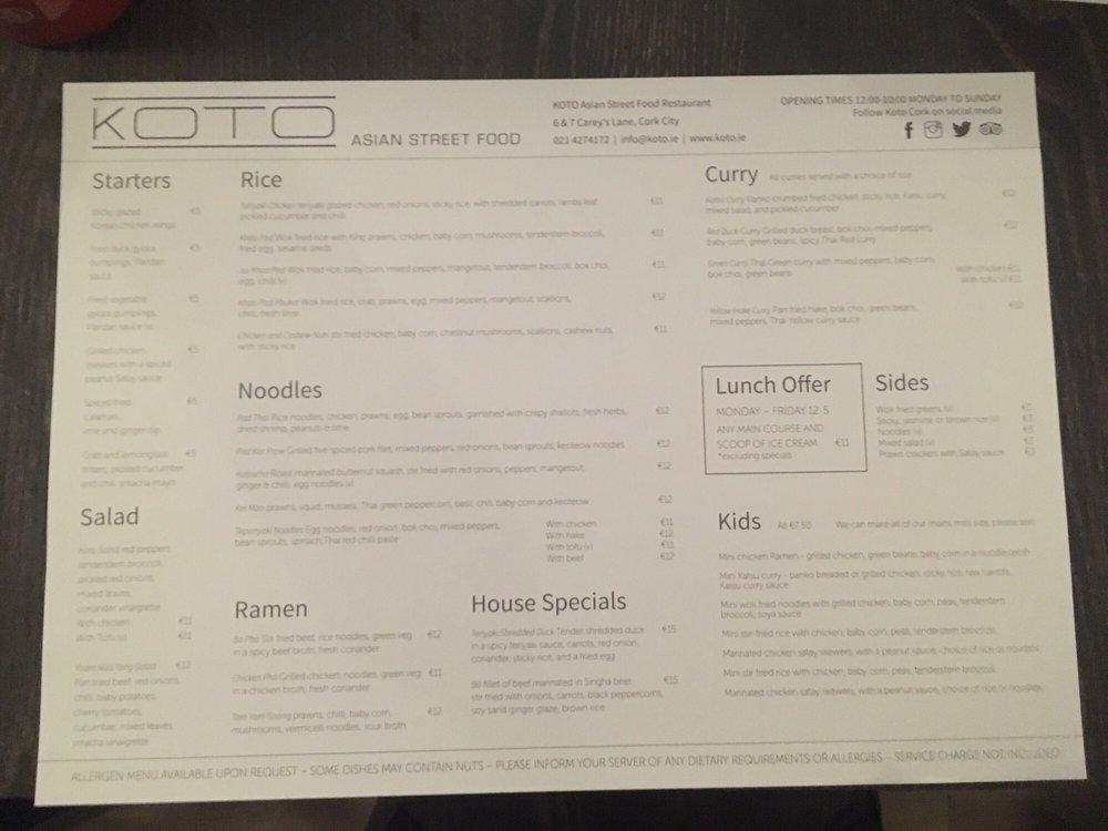 Menu at Koto restaurant, Cork