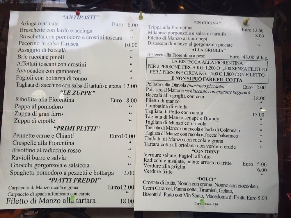 Menu at Perseus steakhouse, Florence