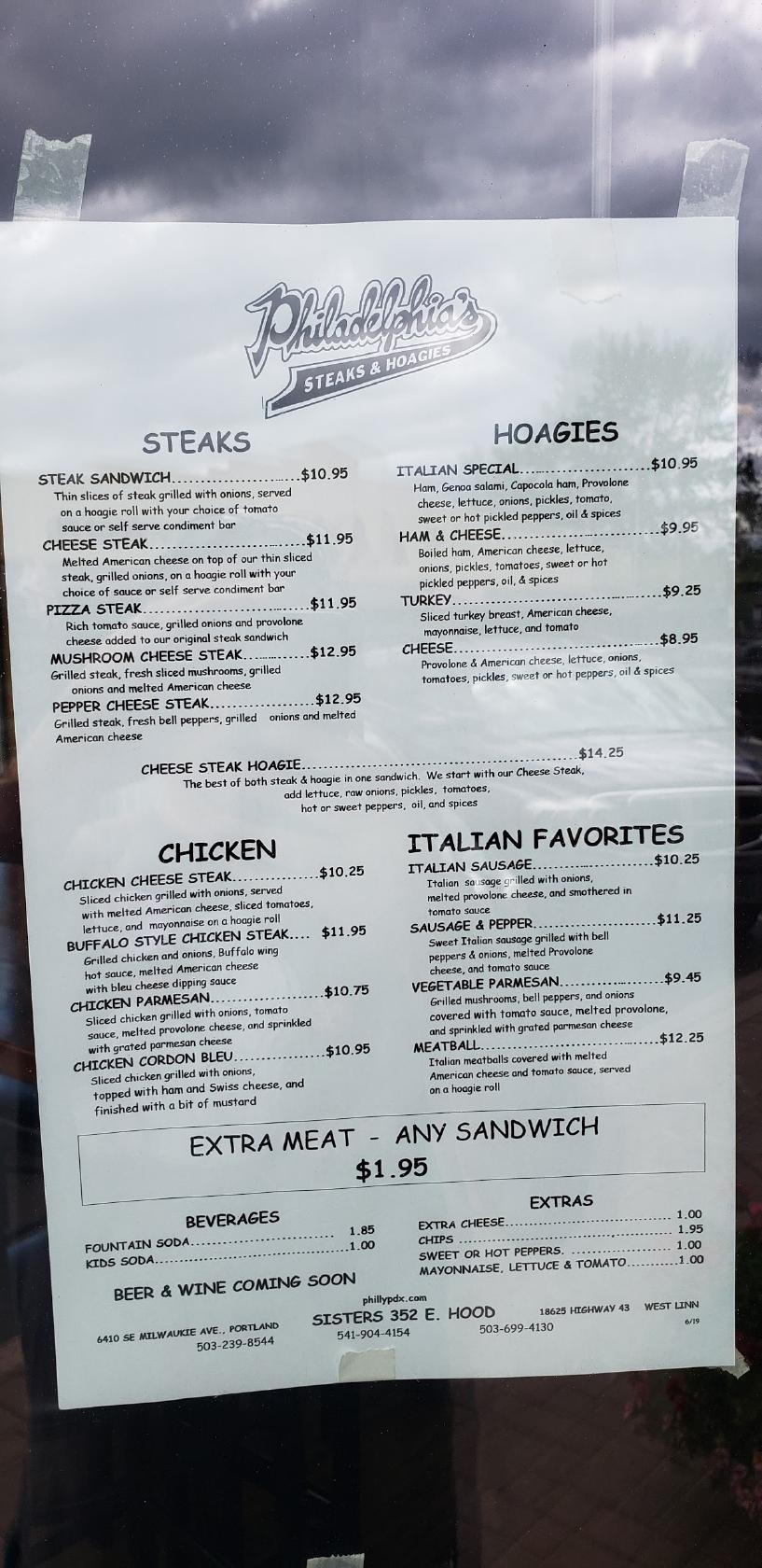Menu at Philadelphia's Steaks & Hoagies restaurant, Sisters