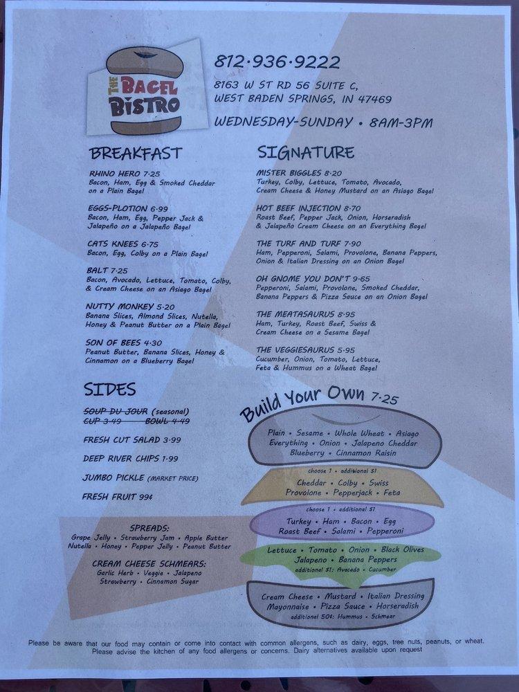 Menu at The Bagel Bistro cafe, West Baden Springs