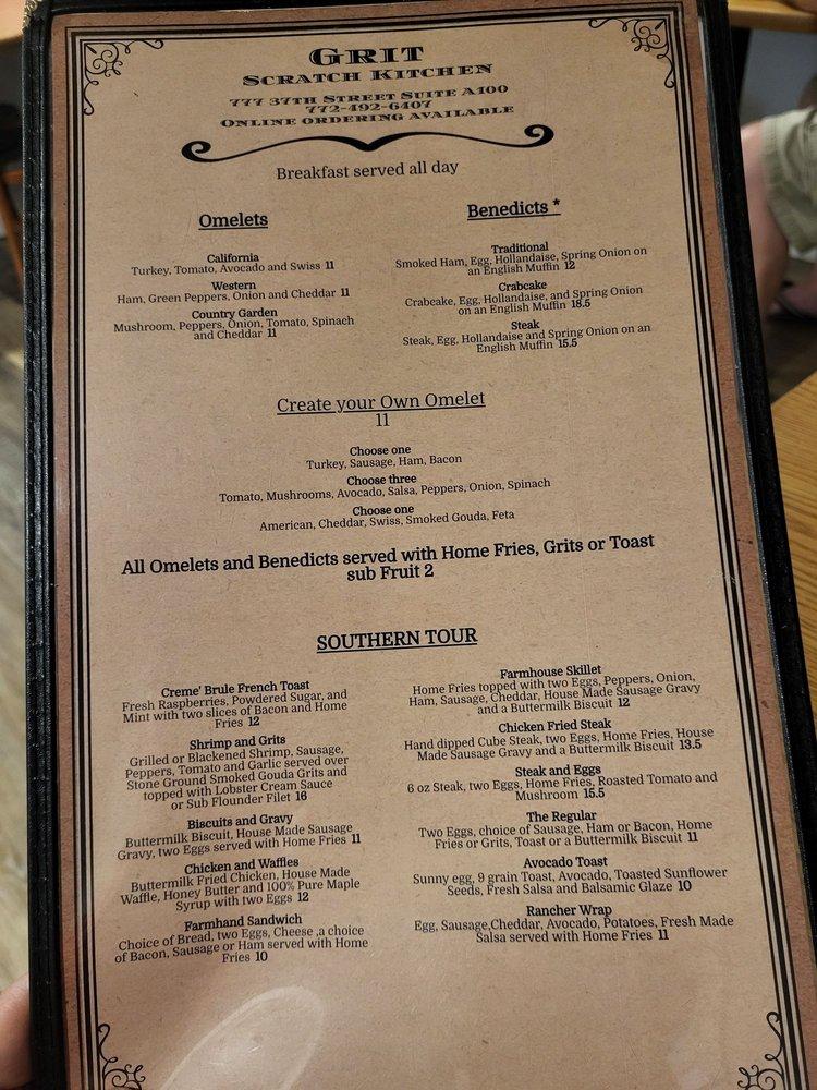 Menu at Grit Scratch Kitchen restaurant, Vero Beach, 777 37th St Suite