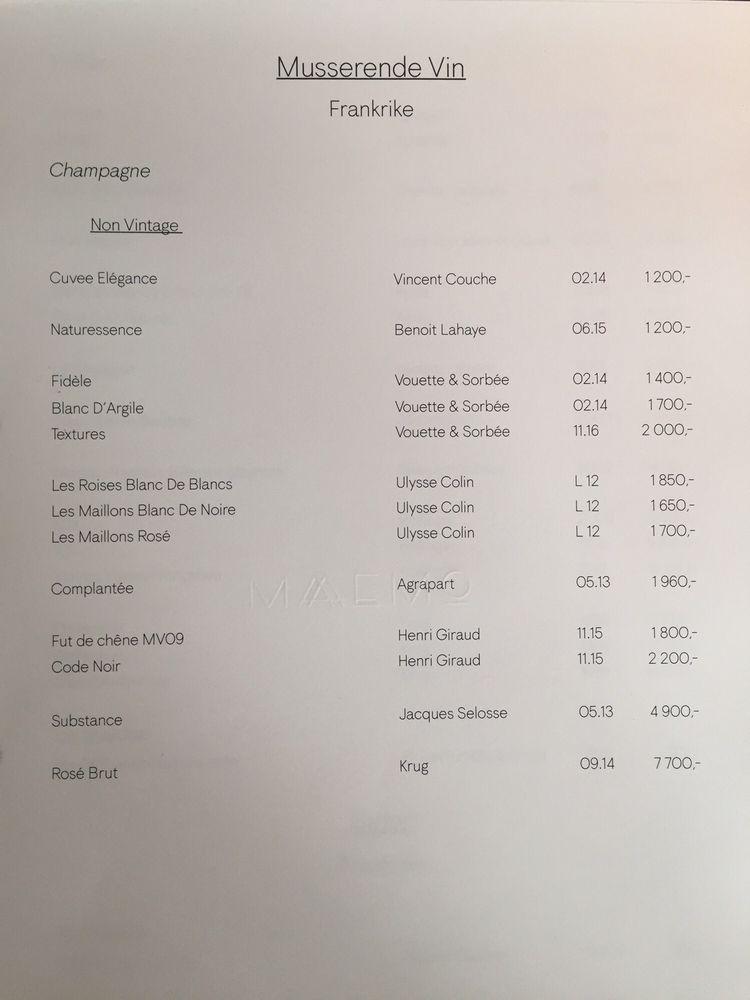 Menu at Maaemo restaurant, Oslo