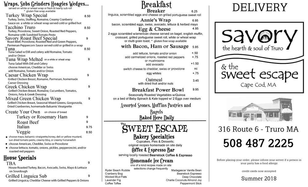 Menu at Savory & the Sweet Escape pizzeria, Truro