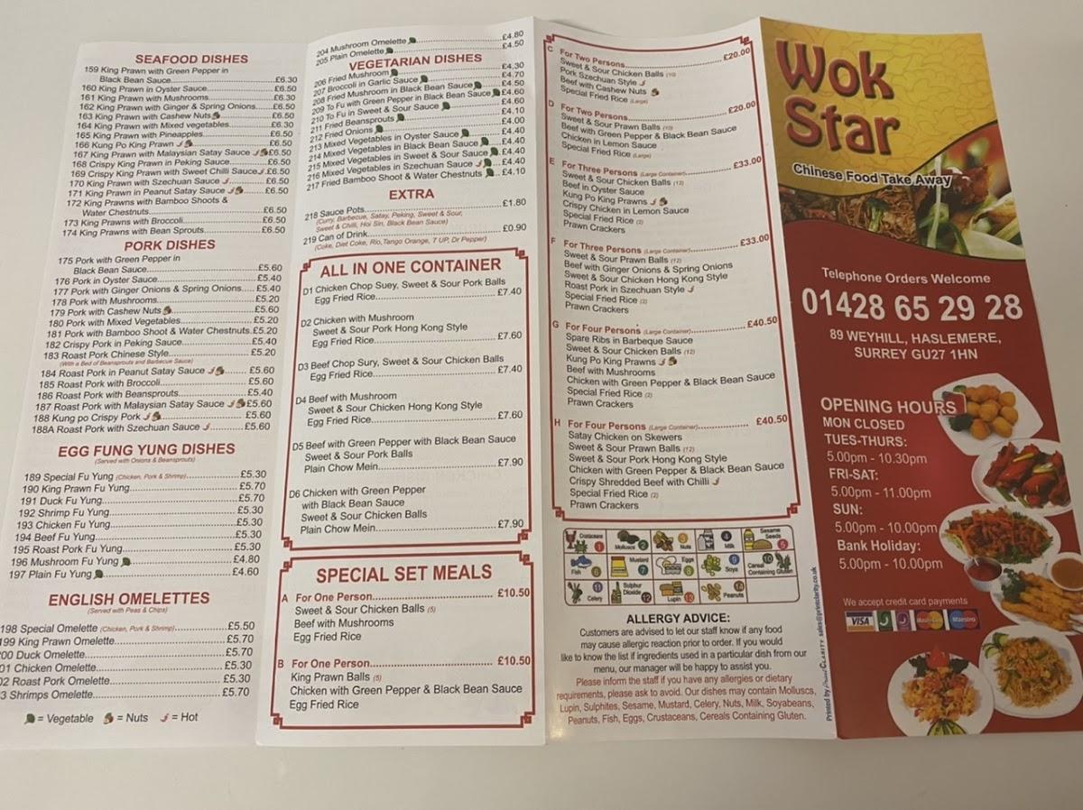 Wok Star menu.