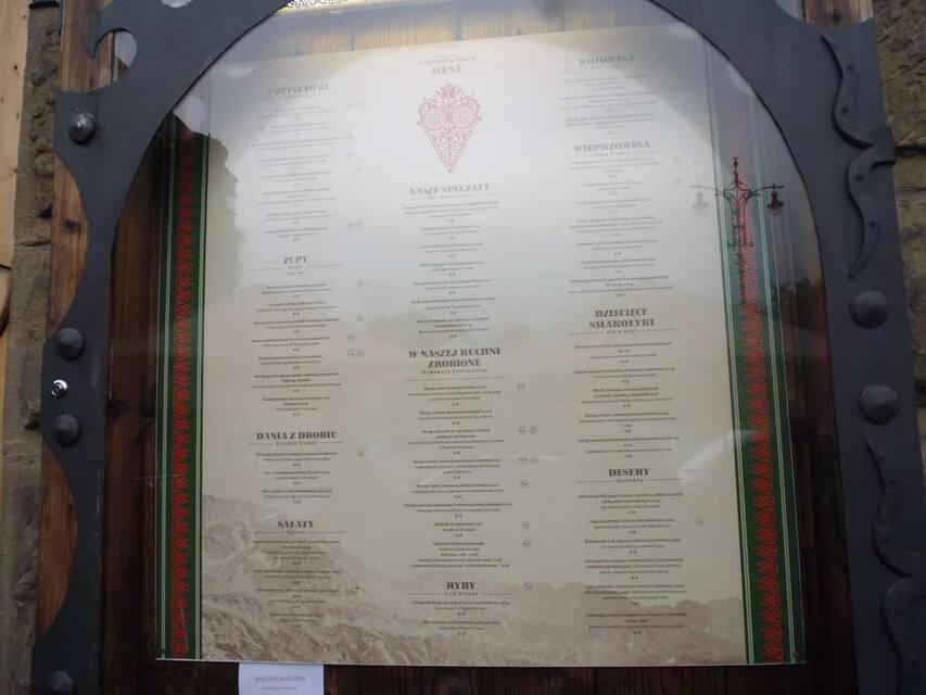 Menu at Morskie Oko restaurant, Kraków