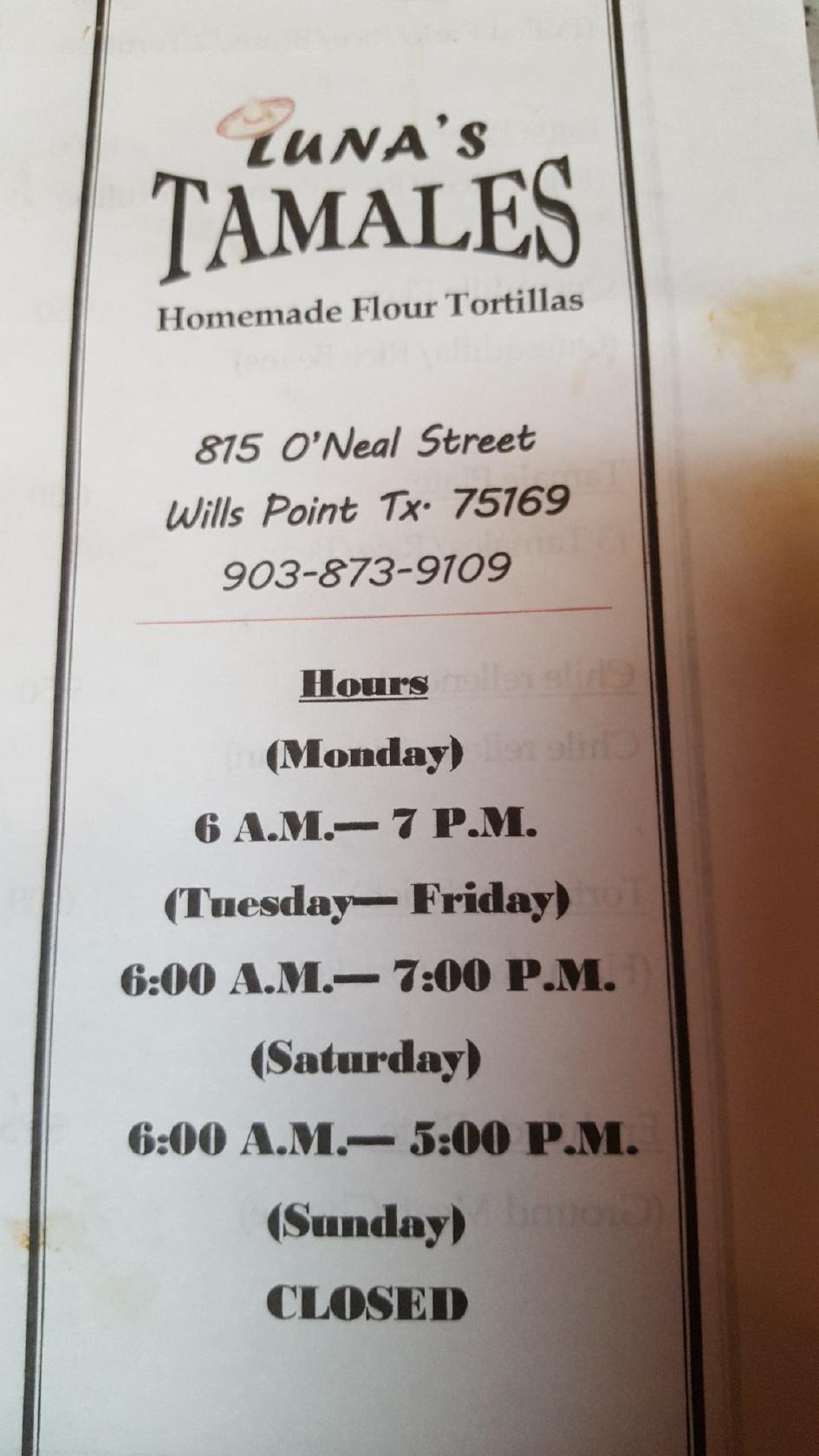 Menu at Luna's Tamales restaurant, Wills Point