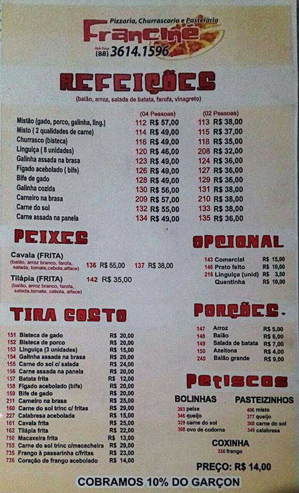 Pizzaria, churrascaria e pastelaria Franciné cardápio