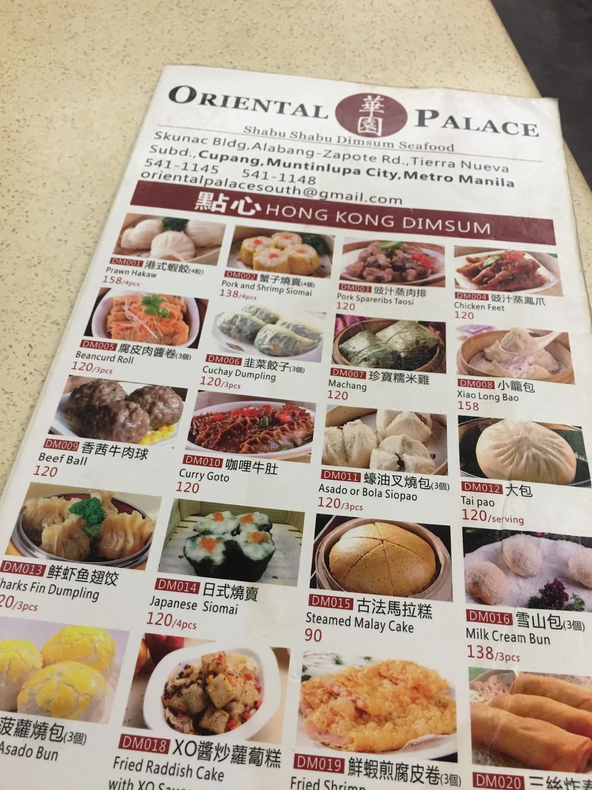 Menu at Oriental Palace South restaurant, Muntinlupa