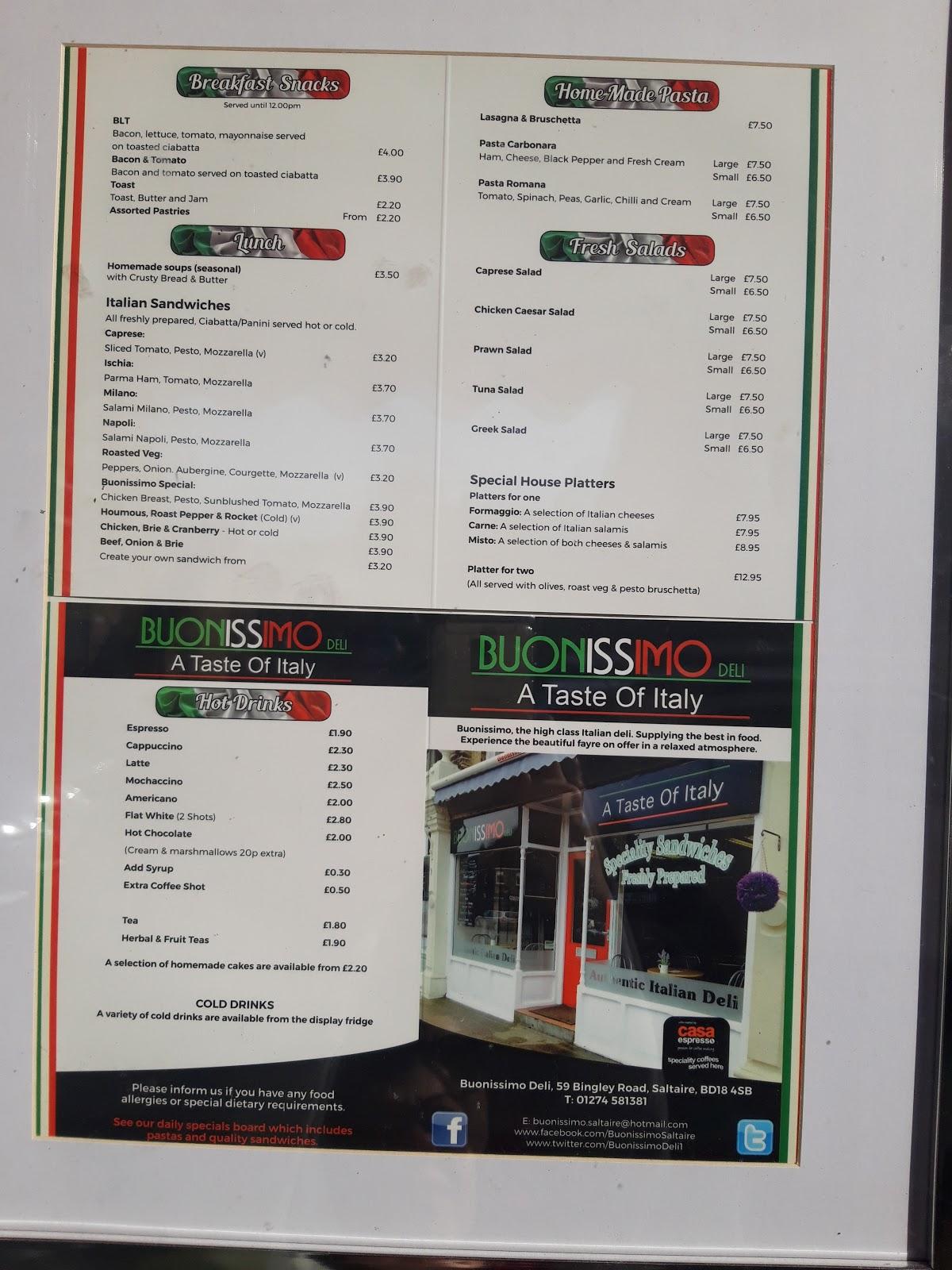 Menu at Buonissimo Deli Saltaire restaurant, Shipley