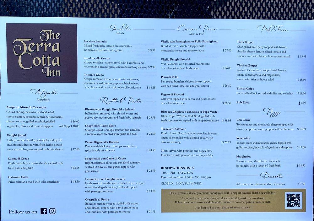 Menu at Terra Cotta Inn pub & bar, Caledon