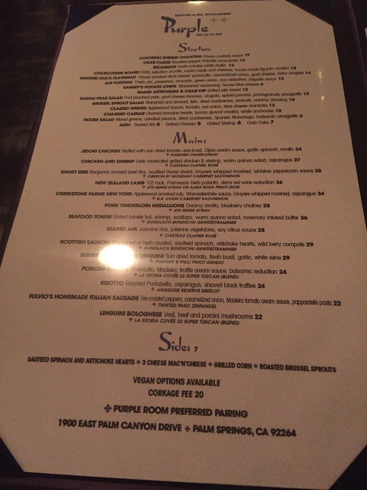 Menu at The Purple Room Supper Club, Palm Springs, E Palm Canyon Dr