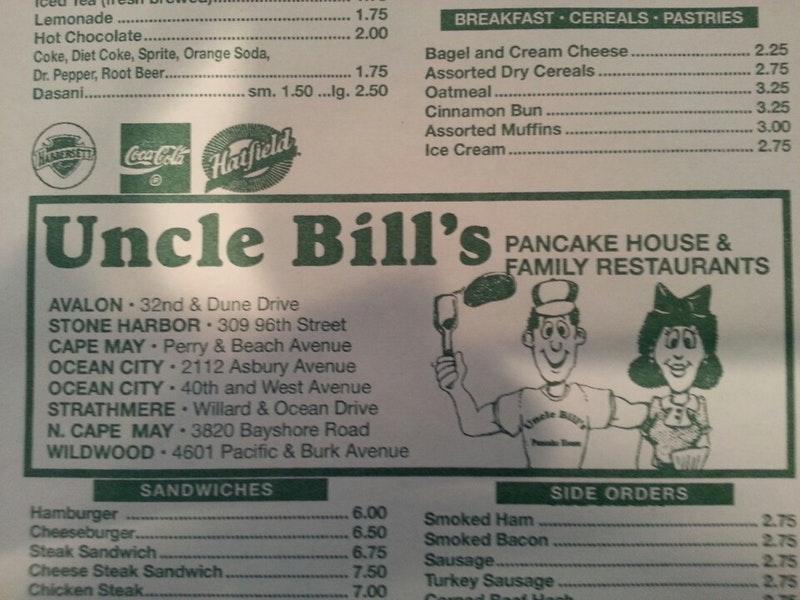 Menu at Uncle Bill's Pancake House restaurant, Wildwood