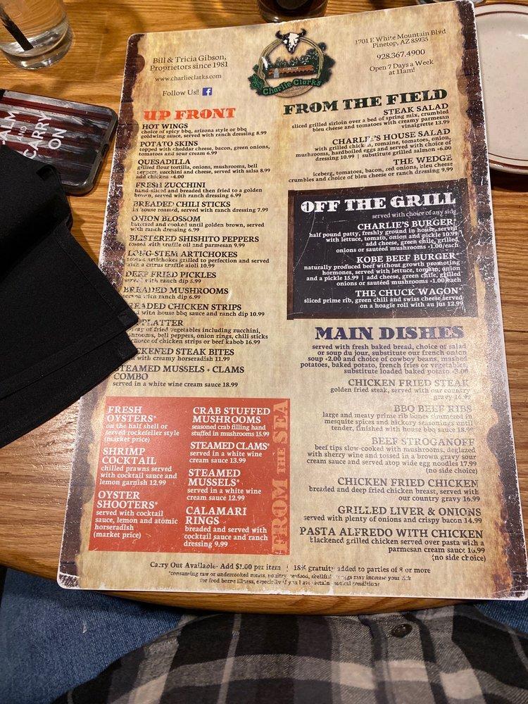Carta de Charlie Clark's Steakhouse, E White Mountain