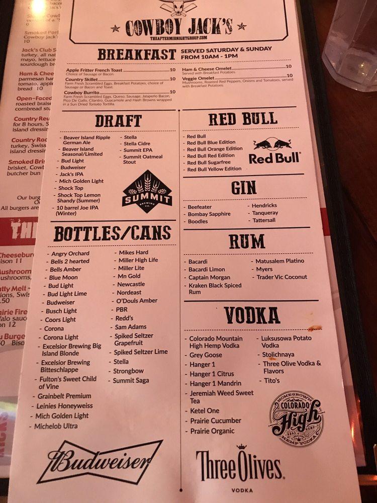 Menu at Cowboy Jack's restaurant, St. Cloud