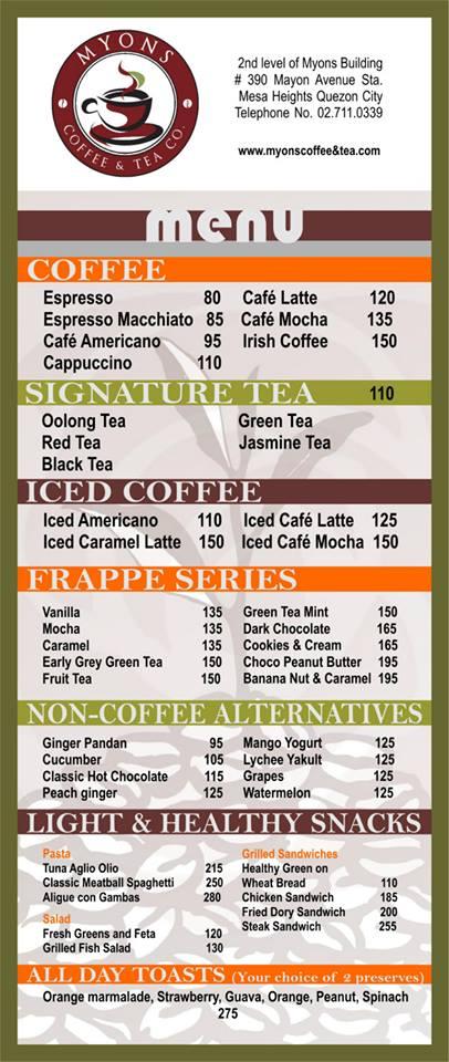 Carta de Myons Cafe, Ciudad Quezon