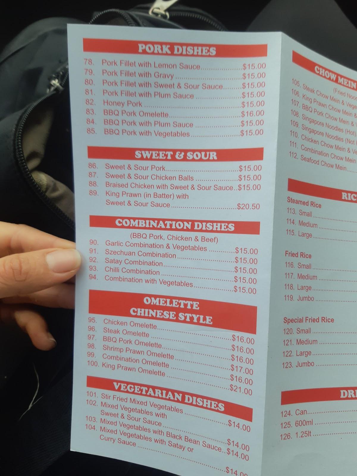Menu at Red Lantern restaurant, Kyabram