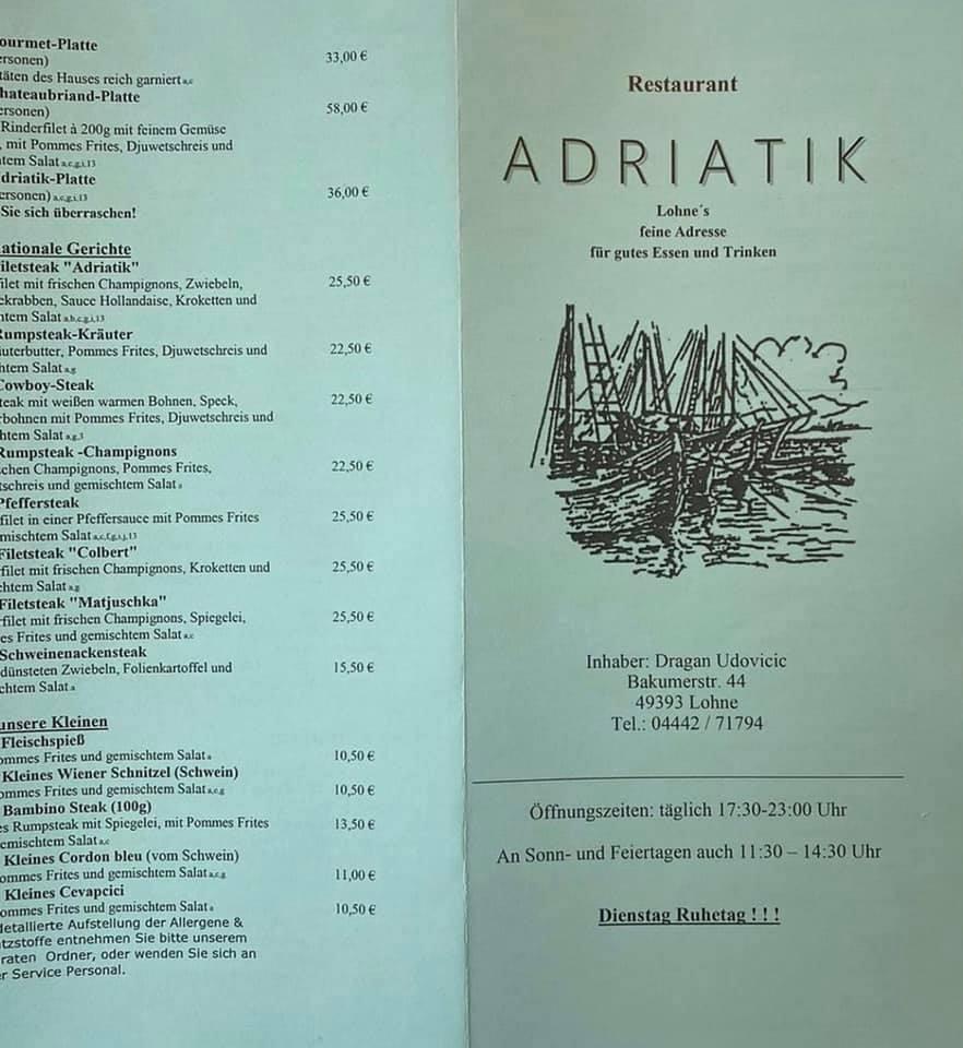 Speisekarte von Gaststätte Adriatik restaurant, Lohne (Oldenburg)