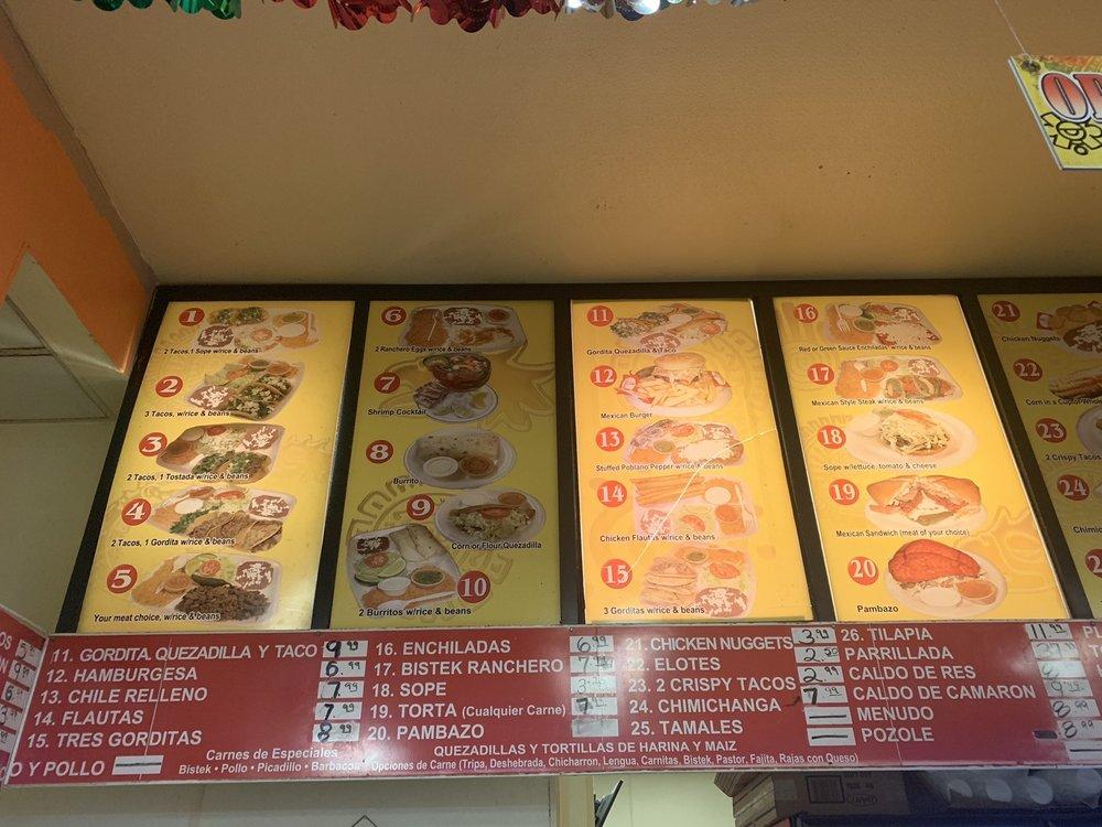 Menu at Taco's Azteca restaurant, Grand Prairie, S Carrier Pkwy