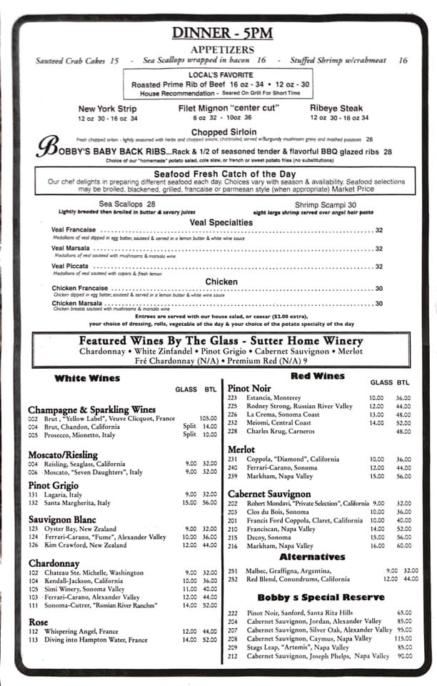 Menu at Bobby's Restaurant & Lounge, Vero Beach