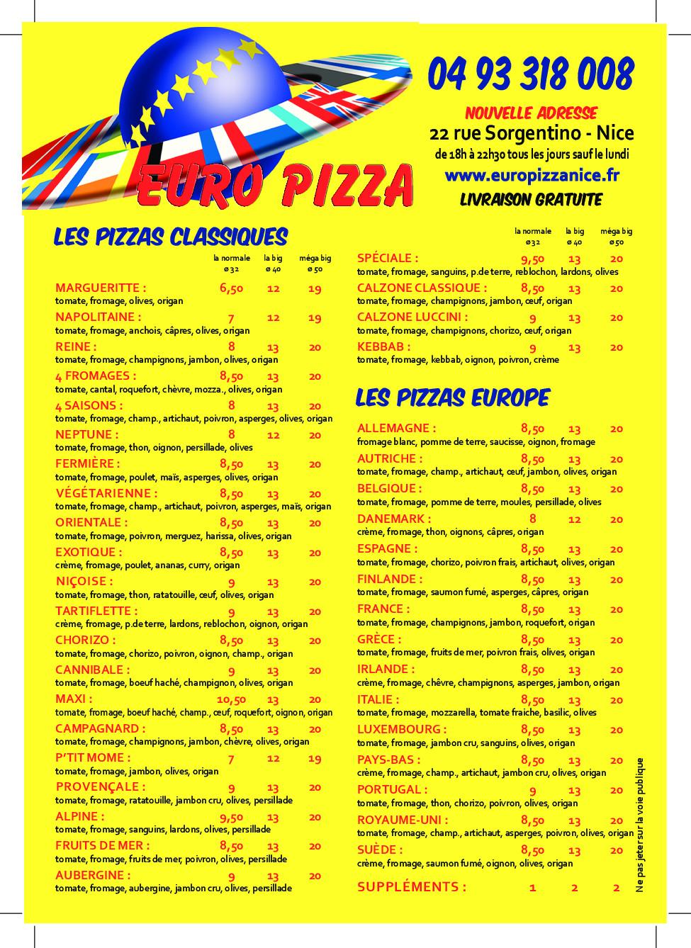 Menu de EUROPIZZA. Des Pizzas Mais Pas Que...