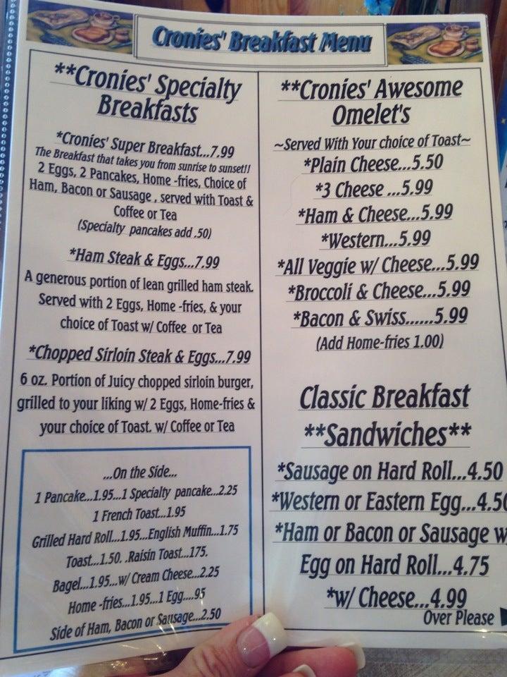 Menu at Cronies restaurant, Hagaman