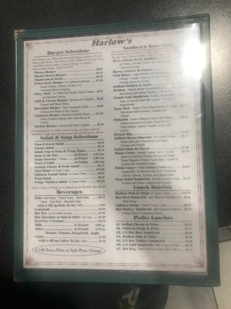 Menu at Harlow's Diner restaurant, Rathdrum