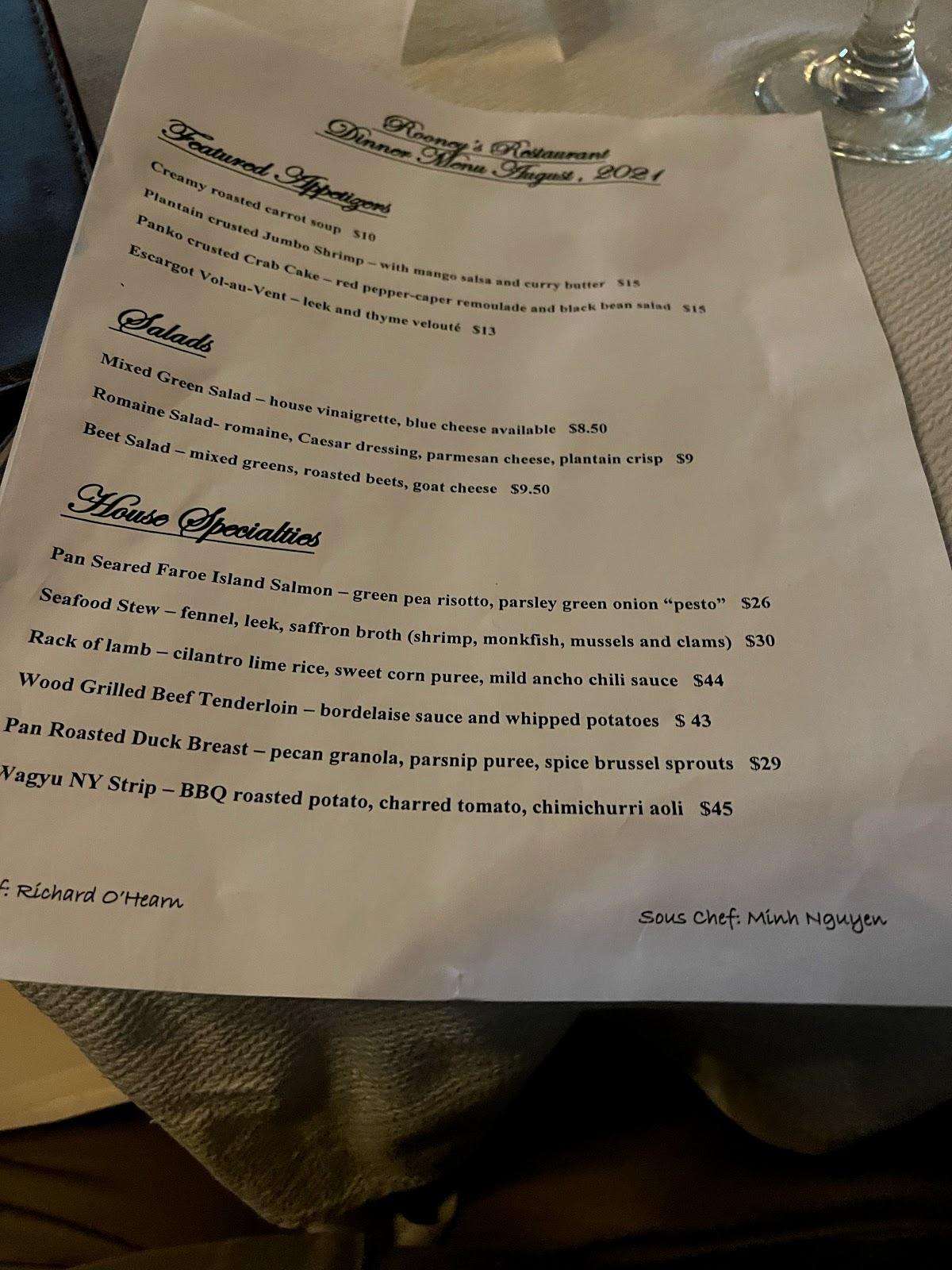 Menu at Rooney's Restaurant, Rochester