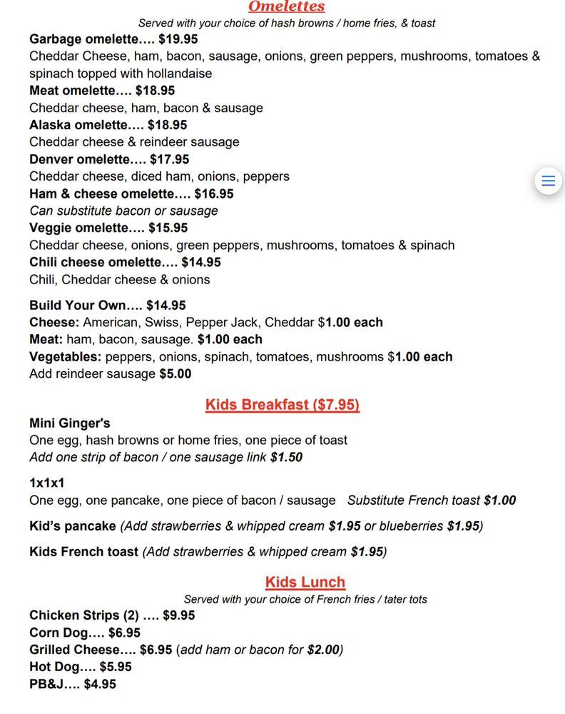 Menu at Ginger's Restaurant, Soldotna