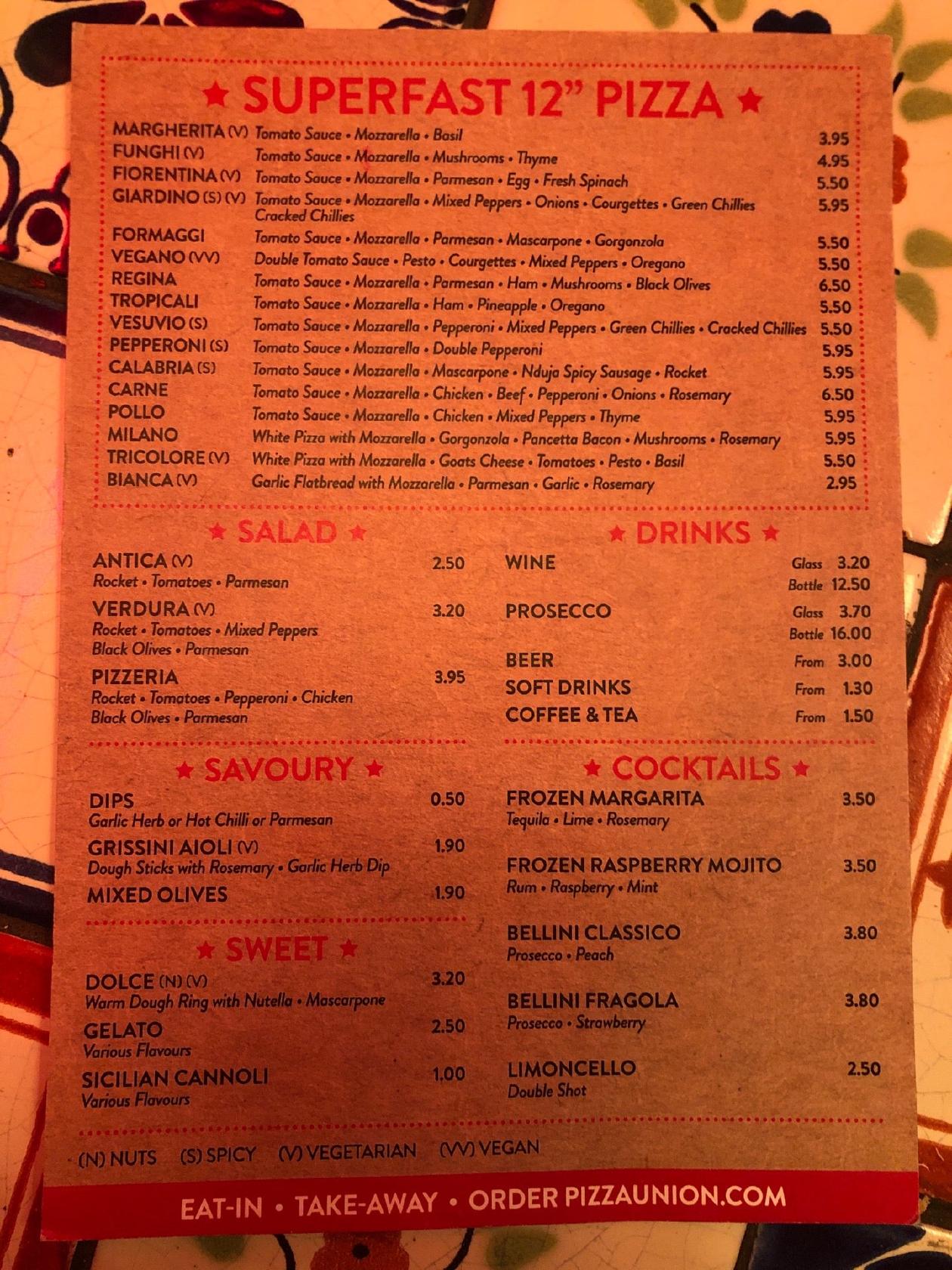 Menu At Pizza Union Pizzeria, London, 246-250 Pentonville Rd