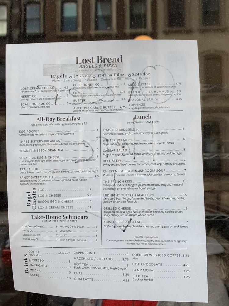 Menu at Lost Bread Cafe, Philadelphia