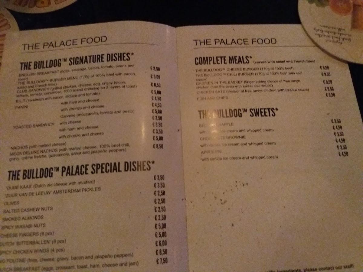 Menu at The Bulldog Palace, Amsterdam,