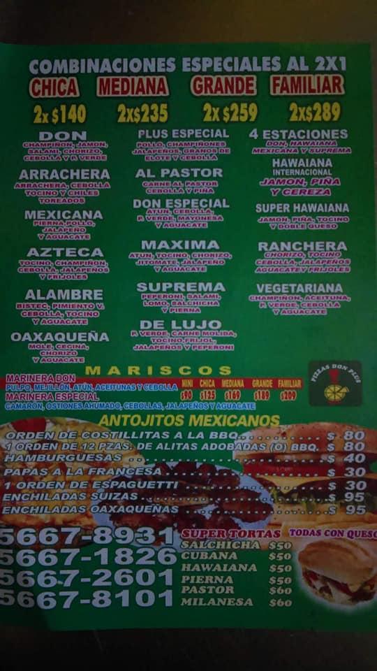 Menu at Pizzas Don “San Jeronimo” pizzeria, Mexico City