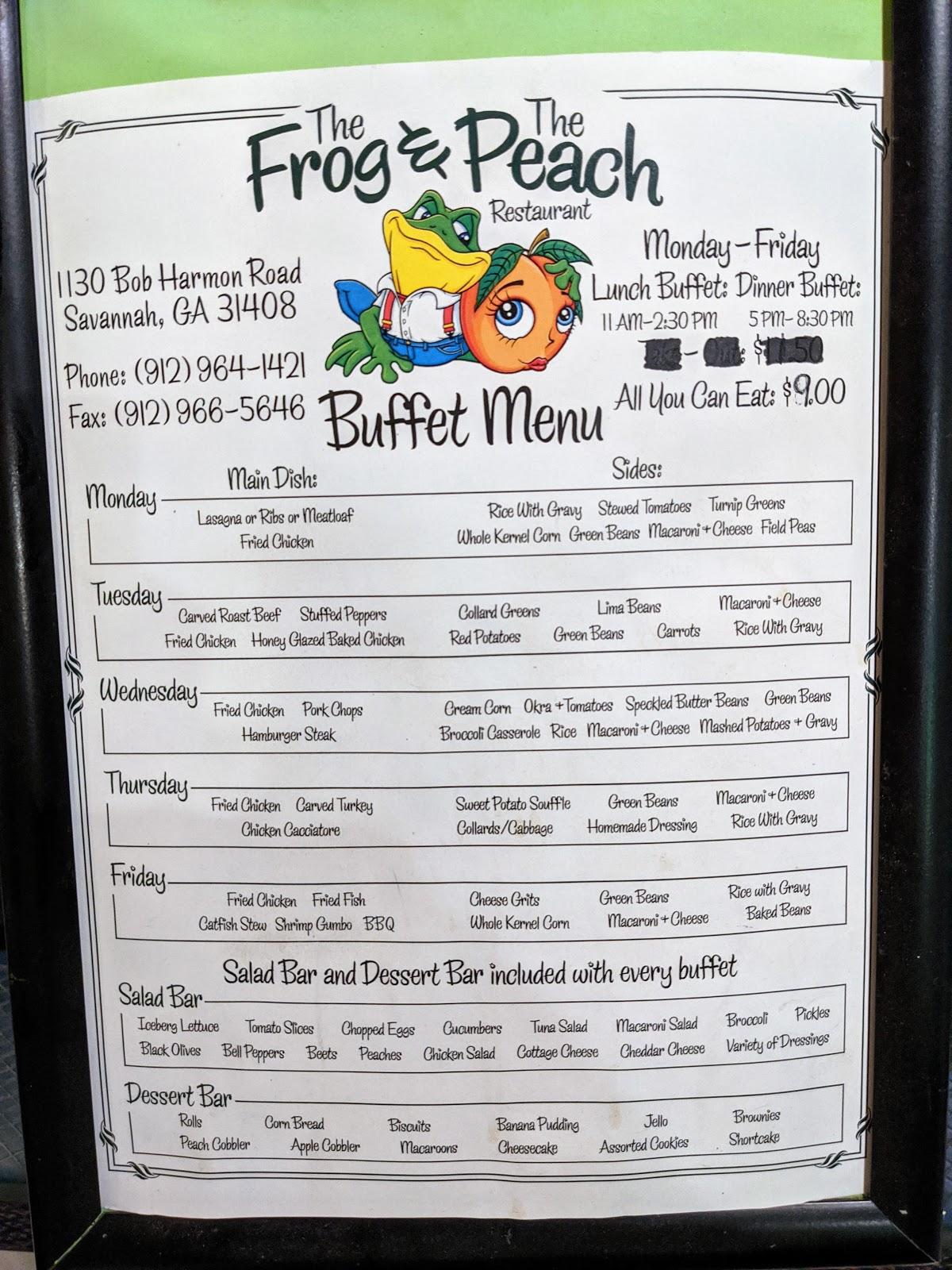 Menu at The Frog and The Peach Southern Buffet restaurant, Savannah