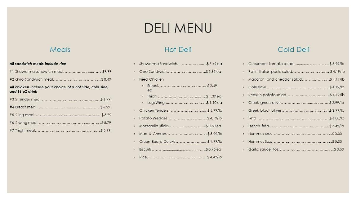 Menu at J&A Grocery restaurant, Reed City